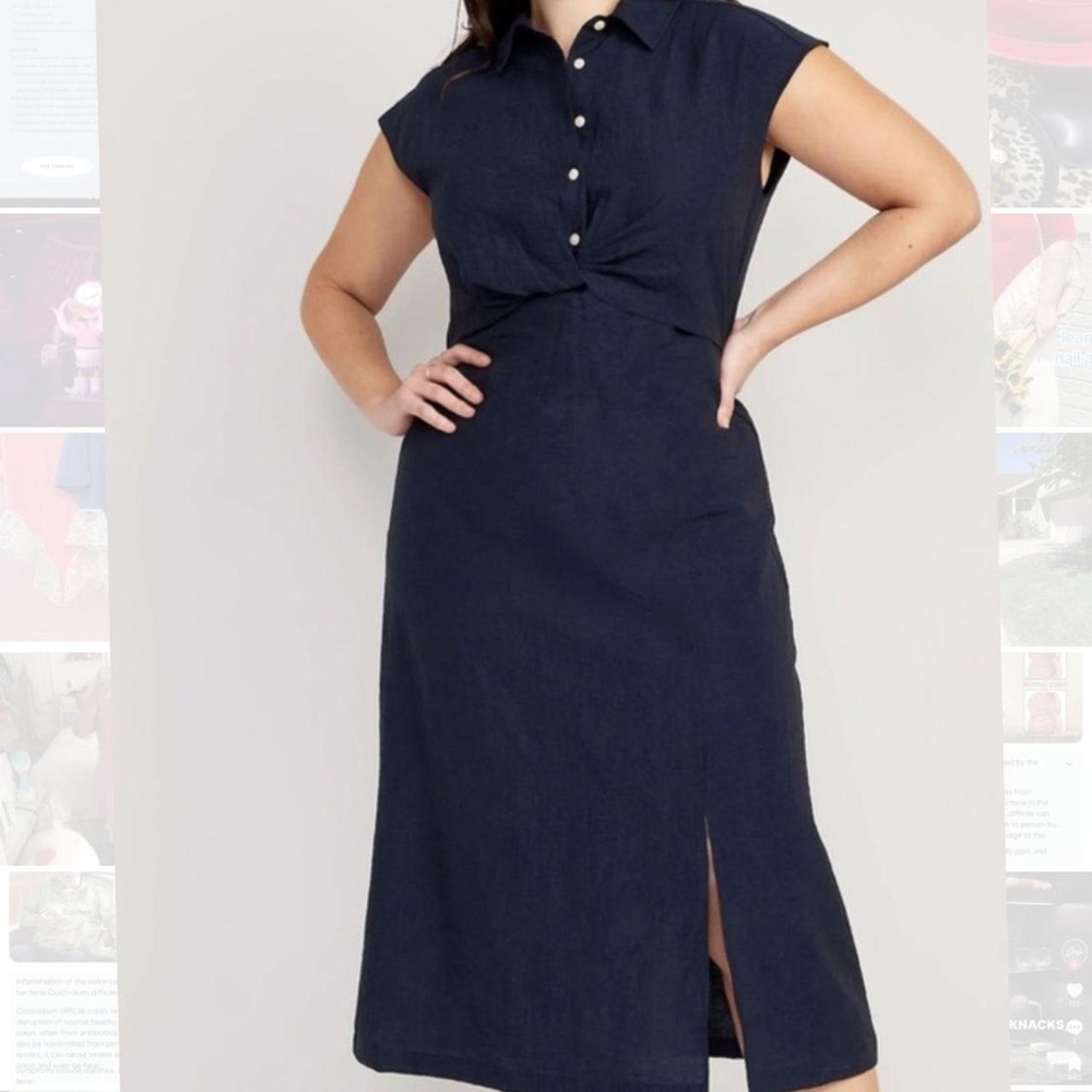 Old Navy Sleeveless Waist-Defined Twist-Front Midi Shirt Dress in Navy XXL